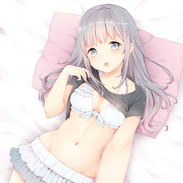 Anime picture 1800x1800 with original manatsuki manata single long hair looking at viewer fringe highres breasts open mouth light erotic upper body lying arm up grey hair blurry :o on back grey eyes front-tie top swimsuit under clothes