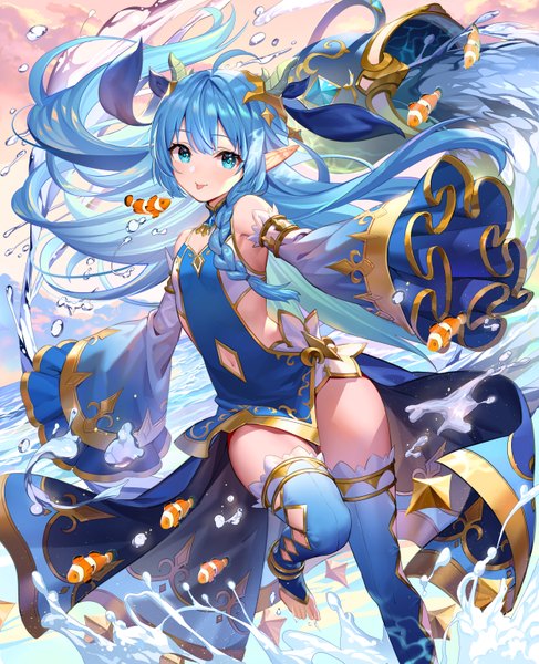 Anime picture 5000x6155 with king's raid lilia (king's raid) teffish single long hair tall image looking at viewer blush fringe highres blue eyes light erotic hair between eyes standing bare shoulders blue hair absurdres sky cloud (clouds) ahoge