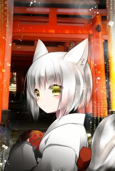 Anime picture 689x1020 with original kamiyoshi rika single tall image looking at viewer blush fringe short hair green eyes animal ears silver hair tail long sleeves traditional clothes japanese clothes looking back sunlight cat ears wide sleeves girl