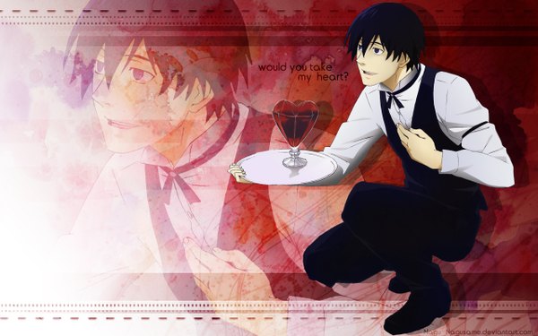 Anime picture 1280x800 with darker than black studio bones hei (darker than black) single fringe short hair open mouth blue eyes black hair hair between eyes wide image holding looking away full body bent knee (knees) shadow text hand on chest squat red background