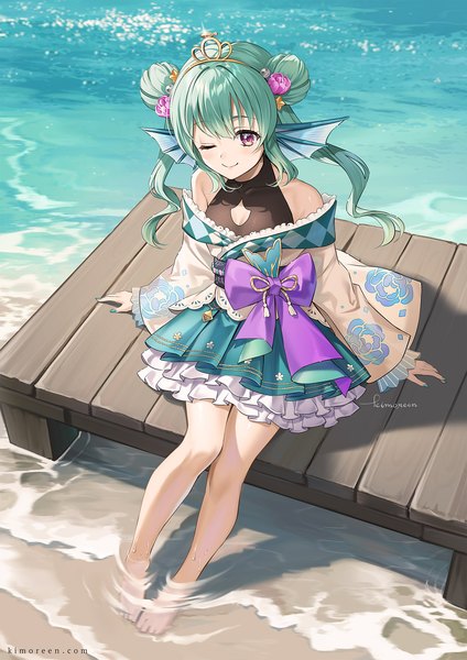 Anime picture 1414x2000 with virtual youtuber nijisanji nijisanji en finana ryugu finana ryugu (2nd costume) kimopoleis single long hair tall image smile sitting purple eyes twintails full body one eye closed barefoot from above aqua hair bare legs hair bun (hair buns)