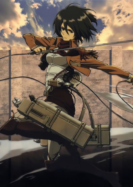 Anime picture 1820x2570 with shingeki no kyojin production i.g mikasa ackerman single tall image looking at viewer highres brown hair brown eyes cloud (clouds) wind scan open clothes open jacket official art jumping girl weapon sword jacket