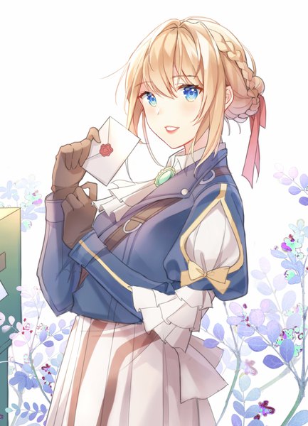 Anime picture 1559x2160 with violet evergarden kyoto animation violet evergarden (character) yunluo single tall image fringe short hair blue eyes blonde hair hair between eyes holding payot braid (braids) parted lips lipstick side braid red lipstick girl gloves