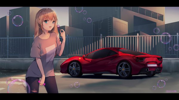 Anime picture 2000x1125 with original ferrari lee seok ho single long hair looking at viewer blush fringe highres open mouth blue eyes blonde hair hair between eyes wide image standing holding signed torn clothes letterboxed girl