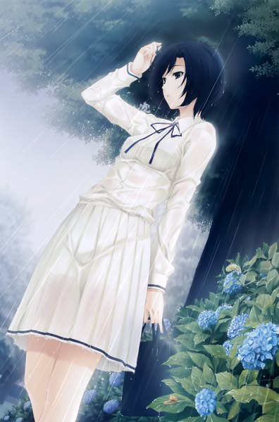 Anime picture 2639x4000 with kara no shoujo innocent grey tokisaka yukari sugina miki single tall image highres short hair black hair standing holding looking away cloud (clouds) outdoors pleated skirt arm up black eyes scan official art rain