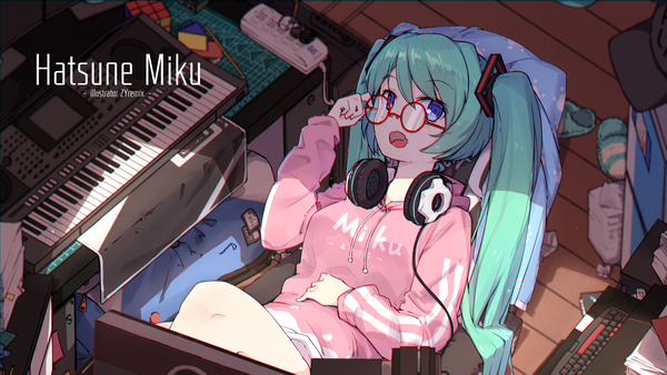 Anime picture 1920x1080 with vocaloid hatsune miku zhayin-san single long hair looking at viewer highres open mouth blue eyes wide image twintails signed lying aqua hair on back character names headphones around neck bespectacled girl glasses