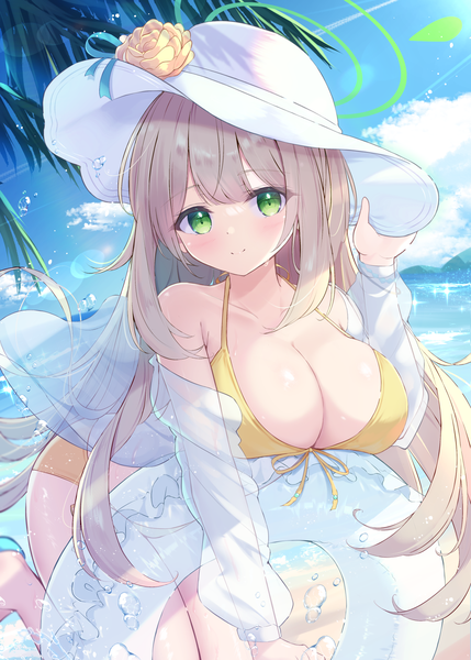 Anime picture 1296x1812 with blue archive nonomi (blue archive) nonomi (swimsuit) (blue archive) mikaze oto single long hair tall image looking at viewer blush breasts light erotic blonde hair smile large breasts green eyes sky cloud (clouds) official alternate costume adjusting hat girl
