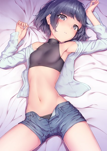 Anime picture 869x1228 with original ryuinu single tall image looking at viewer blush fringe breasts light erotic payot blue hair indoors lying blunt bangs long sleeves parted lips off shoulder bare belly armpit (armpits) on back