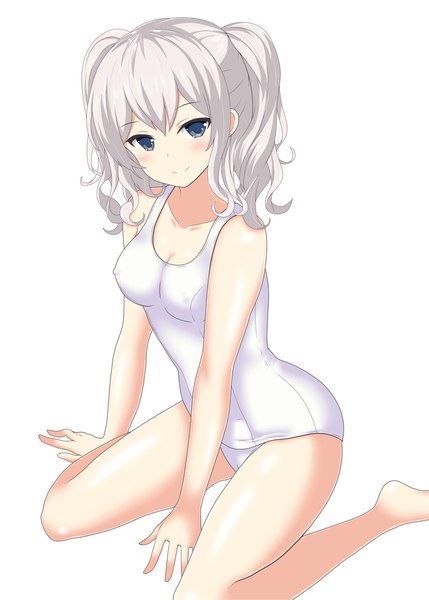 Anime picture 1296x1814 with kantai collection kashima training cruiser nendoroya single tall image looking at viewer blush fringe short hair breasts blue eyes light erotic simple background smile hair between eyes white background sitting twintails bare shoulders payot