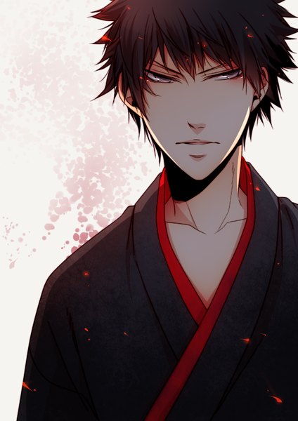 Anime picture 624x882 with katekyou hitman reborn hibari kyouya hibaniki69 single tall image short hair black hair white background looking away upper body traditional clothes parted lips japanese clothes grey eyes serious blood stains boy kimono