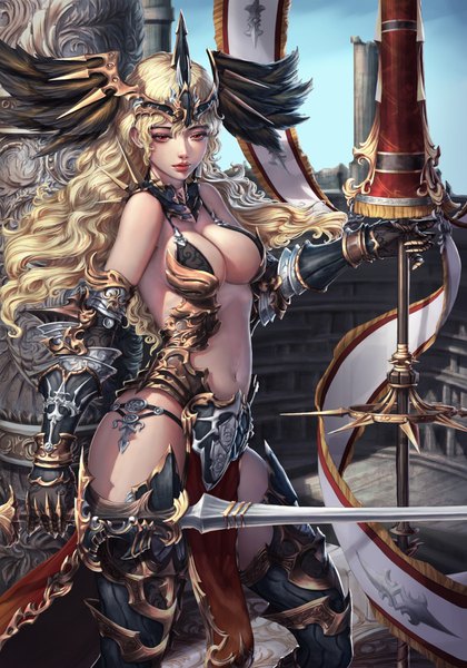 Anime picture 1260x1800 with original azhang single long hair tall image breasts light erotic blonde hair red eyes large breasts standing bare shoulders lips floating hair wavy hair girl navel weapon sword headdress