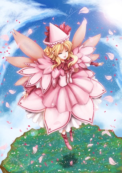 Anime picture 1000x1414 with touhou lily white skyspace (artist) single tall image open mouth blonde hair cloud (clouds) eyes closed girl dress hat petals wings