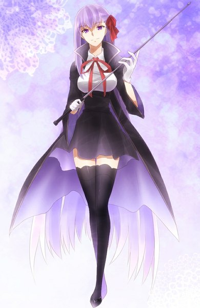 Anime picture 650x1000 with fate/stay night fate/extra matou sakura single long hair tall image looking at viewer fringe breasts smile large breasts standing purple eyes purple hair very long hair long sleeves wide sleeves girl thighhighs uniform