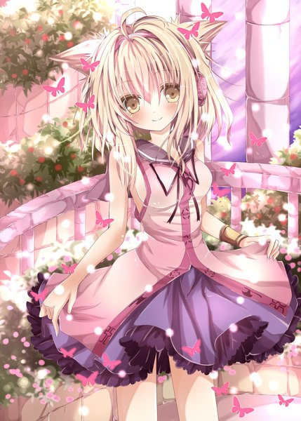 Anime picture 1234x1726 with touhou toyosatomimi no miko nanase nao single tall image looking at viewer blush short hair blonde hair smile animal ears yellow eyes ahoge girl dress flower (flowers) petals bracelet headphones insect