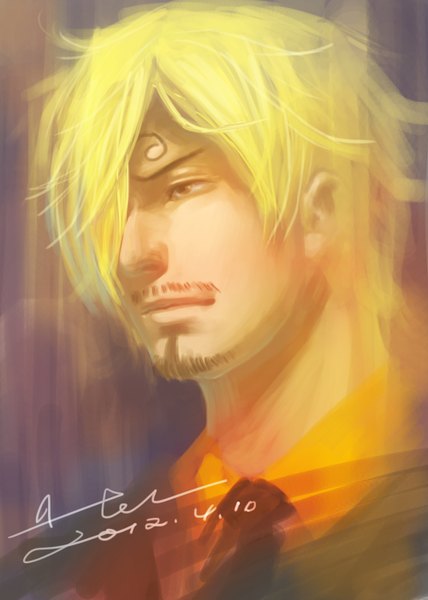 Anime picture 1000x1401 with one piece toei animation sanji hel single tall image fringe short hair blonde hair brown eyes signed hair over one eye boy shirt necktie beard mustache
