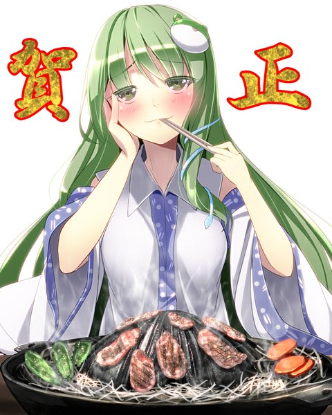 Anime picture 800x1000 with touhou kochiya sanae ryosios single long hair tall image blush breasts simple background smile white background green eyes green hair wide sleeves symbol-shaped pupils happy looking up eating hand on cheek girl