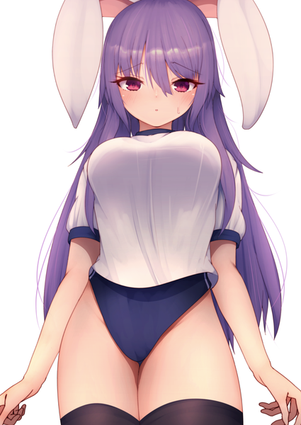 Anime picture 1360x1920 with touhou reisen udongein inaba darumoon single long hair tall image looking at viewer blush fringe breasts light erotic simple background hair between eyes large breasts standing white background animal ears purple hair parted lips pink eyes