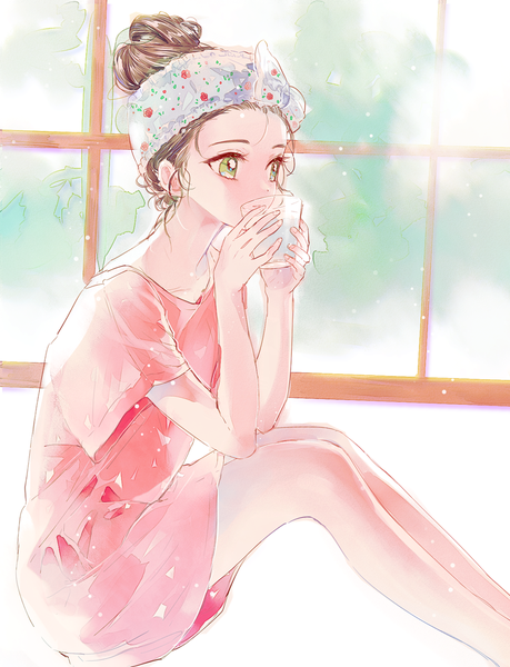 Anime picture 1000x1308 with original ahma single long hair tall image brown hair sitting green eyes looking away hair bun (hair buns) drinking girl window hairband t-shirt glass