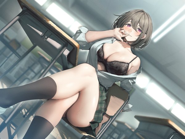 Anime picture 2500x1875 with original hiyashi mirano single looking at viewer blush fringe highres short hair breasts light erotic hair between eyes large breasts sitting cleavage bent knee (knees) indoors parted lips pink eyes grey hair off shoulder