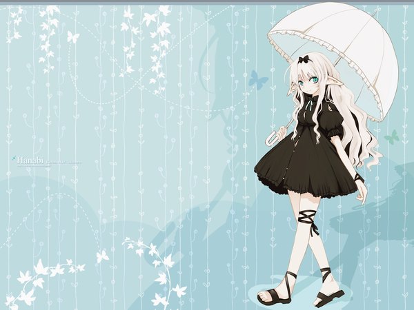 Anime picture 1600x1200 with original takaharu hiiragi ryou long hair smile white hair aqua eyes pointy ears shadow wallpaper wavy hair blue background elf girl dress ribbon (ribbons) hair ribbon black dress insect butterfly