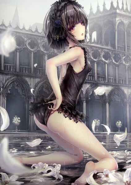 Anime-Bild 1488x2105 mit original missle228 single tall image looking at viewer blush fringe short hair light erotic black hair payot full body ass blunt bangs pink eyes looking back barefoot wet kneeling adjusting swimsuit