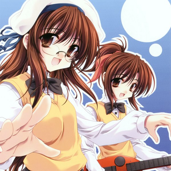 Anime picture 2353x2357 with miyama zero highres open mouth brown hair multiple girls brown eyes girl 2 girls hat glasses serafuku bowtie vest musical instrument guitar