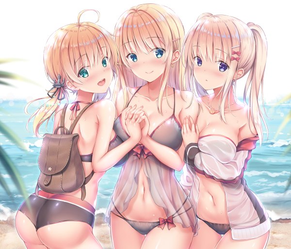 Anime picture 1200x1025 with kantai collection bismarck battleship prinz eugen (kantai collection) graf zeppelin (kantai collection) shirakawako long hair looking at viewer blush fringe breasts open mouth blue eyes light erotic blonde hair smile large breasts standing purple eyes twintails bare shoulders