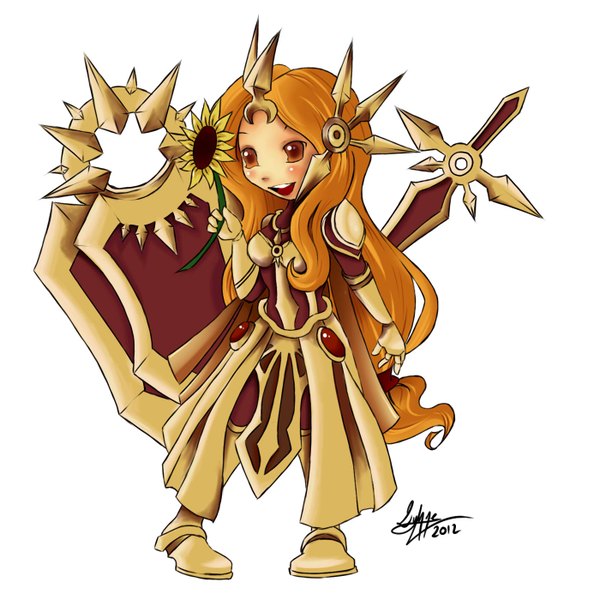 Anime picture 1400x1400 with league of legends leona (league of legends) single long hair brown hair brown eyes girl gloves sword armor sunflower shield