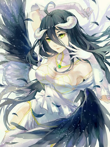 Anime picture 700x934 with overlord (maruyama) madhouse albedo (overlord) rosa (artist) single long hair tall image looking at viewer fringe breasts light erotic black hair large breasts bare shoulders green eyes cleavage ahoge horn (horns) light smile armpit (armpits)