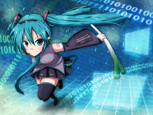 Anime picture 1066x800 with vocaloid hatsune miku twintails green eyes pleated skirt green hair zettai ryouiki girl thighhighs skirt detached sleeves miniskirt necktie thigh boots