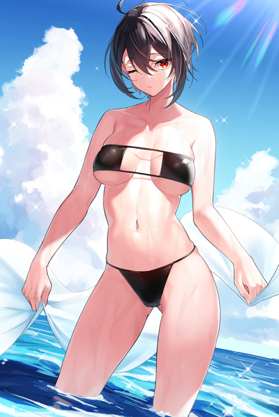 Anime picture 1411x2105 with original yamanokami eaka single tall image looking at viewer fringe short hair breasts light erotic black hair hair between eyes red eyes large breasts sky cloud (clouds) ahoge one eye closed sunlight sparkle partially submerged