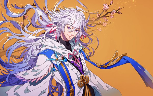 Anime picture 1802x1128 with fate (series) fate/grand order merlin (fate) tenobe single long hair looking at viewer fringe highres simple background smile hair between eyes purple eyes purple hair upper body wind cherry blossoms orange background boy branch