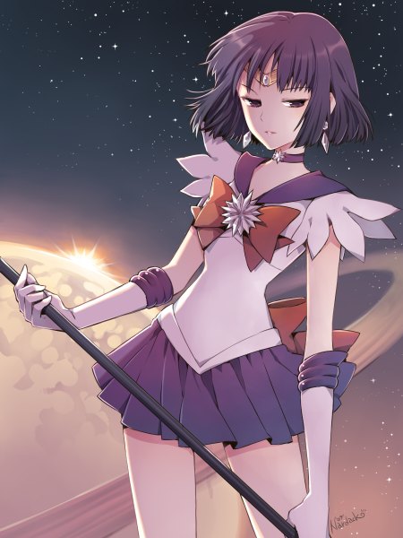 Anime picture 900x1200 with bishoujo senshi sailor moon toei animation tomoe hotaru sailor saturn nardack single tall image looking at viewer short hair purple eyes purple hair girl skirt gloves elbow gloves planet