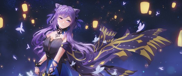 Anime picture 7941x3323 with genshin impact keqing (genshin impact) keqing (opulent splendor) (genshin impact) lzyhes single long hair fringe highres hair between eyes wide image purple eyes twintails bare shoulders payot looking away absurdres purple hair night hair bun (hair buns) official alternate costume