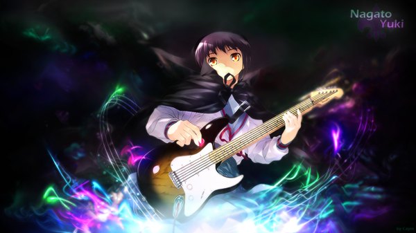 Anime picture 1366x768 with suzumiya haruhi no yuutsu kyoto animation nagato yuki wide image girl serafuku guitar