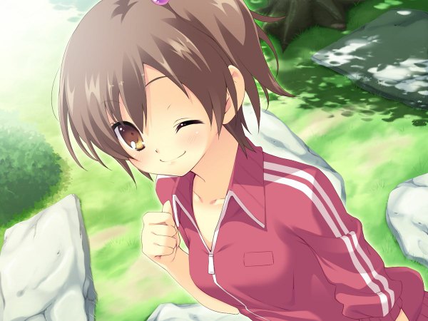 Anime picture 1200x900 with hin wa bokura no fuku no kami mutsuki aya rurino sakazuki single blush fringe short hair smile brown hair brown eyes game cg outdoors ponytail one eye closed from above wink girl uniform plant (plants) grass