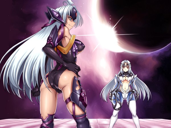 Anime picture 1280x960 with super robot wars xenosaga monolith software kos-mos t-elos shunzou long hair blue eyes red eyes multiple girls white hair from behind space hands on hips girl 2 girls helmet