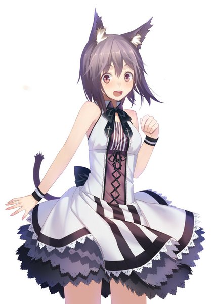 Anime picture 639x894 with original ac (eshi) single tall image fringe short hair breasts open mouth simple background standing white background brown eyes animal ears purple hair tail animal tail sleeveless girl dress