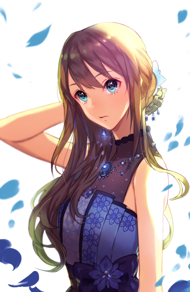 Anime picture 867x1334 with idolmaster idolmaster cinderella girls idolmaster cinderella girls starlight stage shibuya rin zzebra single long hair tall image fringe blue eyes simple background hair between eyes brown hair white background bare shoulders looking away upper body head tilt floral print arm behind head