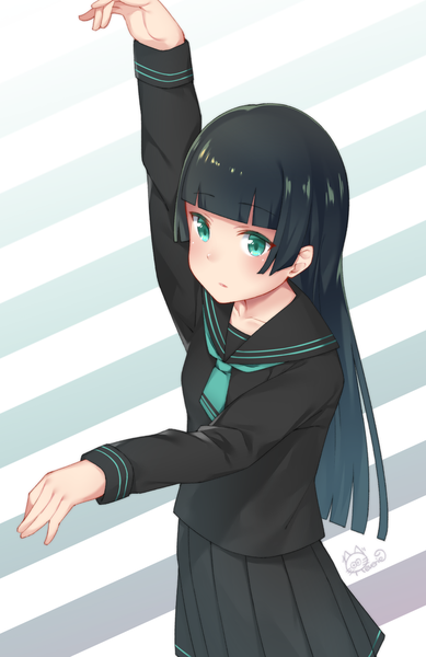 Anime picture 1000x1542 with original reverie soda single long hair tall image blush fringe black hair signed payot looking away blunt bangs arm up aqua eyes from above outstretched arm striped background hime cut girl uniform