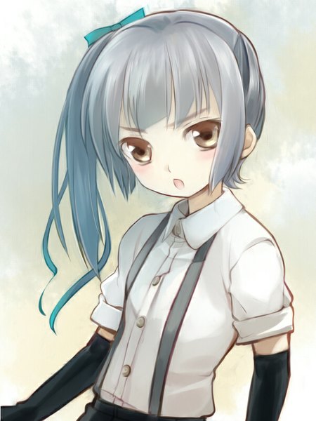 Anime picture 600x800 with kantai collection kasumi destroyer primary stage single long hair tall image looking at viewer blush fringe open mouth brown eyes from above grey hair side ponytail girl gloves bow hair bow black gloves elbow gloves