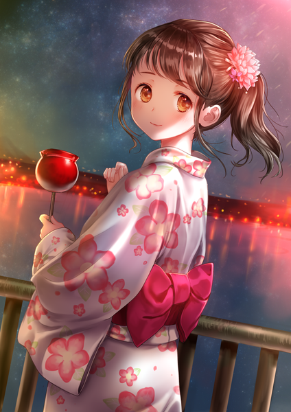 Anime picture 744x1052 with original nishizawa single tall image looking at viewer blush fringe short hair brown hair standing holding brown eyes payot outdoors ponytail traditional clothes japanese clothes looking back hair flower light smile