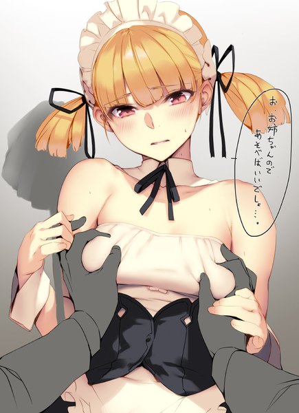 Anime picture 725x1000 with original sasaoka gungu tall image looking at viewer blush fringe short hair breasts light erotic simple background blonde hair hair between eyes red eyes twintails bare shoulders blunt bangs head tilt grey background maid text