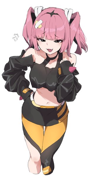 Anime picture 1080x2048 with pokemon pokemon horizons nintendo sango (pokemon) makkurourufu single tall image short hair open mouth light erotic simple background white background twintails pink hair long sleeves :d from above black eyes midriff fang (fangs)