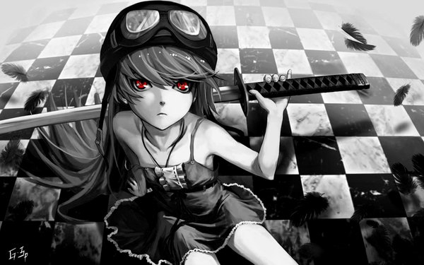 Anime picture 2048x1280 with bakemonogatari shaft (studio) monogatari (series) oshino shinobu as109 single long hair highres red eyes wide image loli monochrome checkered floor girl sword katana feather (feathers) sundress helmet