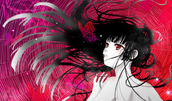 Anime picture 1700x1000 with hell girl studio deen enma ai single long hair highres black hair red eyes wide image back pale skin girl insect butterfly spider web