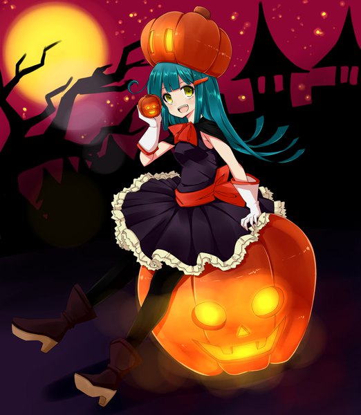 Anime picture 2000x2300 with original zukaketawagase single long hair tall image looking at viewer highres open mouth yellow eyes full body ahoge :d aqua hair halloween girl dress gloves hat pantyhose white gloves