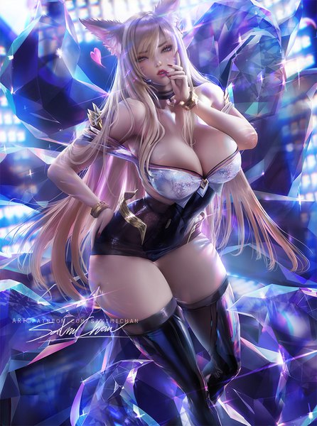 Anime-Bild 743x1000 mit league of legends k/da (league of legends) ahri (league of legends) k/da ahri sakimichan single long hair tall image looking at viewer blush fringe breasts light erotic blonde hair hair between eyes large breasts standing signed animal ears yellow eyes
