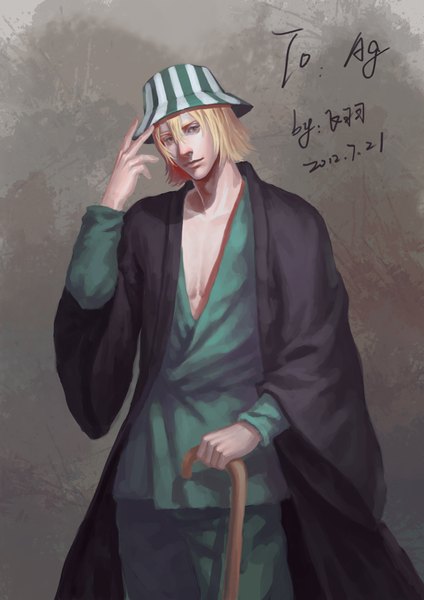 Anime picture 1414x2000 with bleach studio pierrot urahara kisuke piaoluo de fei yu single tall image short hair blonde hair simple background signed japanese clothes grey eyes adjusting hat boy hat cane