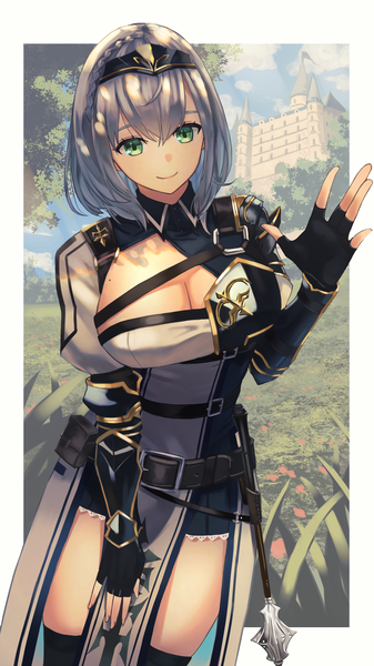 Anime picture 4320x7680 with virtual youtuber hololive shirogane noel shirogane noel (1st costume) hara kenshi single tall image looking at viewer fringe highres short hair breasts light erotic smile hair between eyes large breasts green eyes absurdres cleavage silver hair